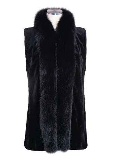 28” Sheared Mink Vest, Fox Tuxedo Reversible to Taffeta