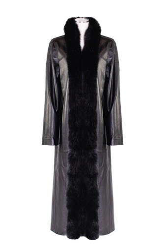 52” Lamb Leather Coat Fox Tuxedo, Reversible to Taffeta